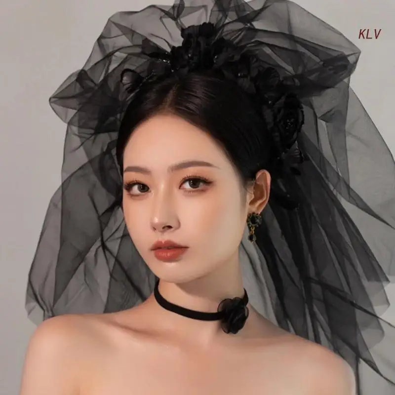 

Gothic Floral Headband Black Flower Headpiece Choker Necklace Tulle Veil Cosplays Costume Accessory Halloween Jewelry