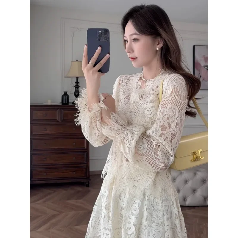 2024 осенняя новая белая кружевная рубашка-кардиган для женщин элегантная