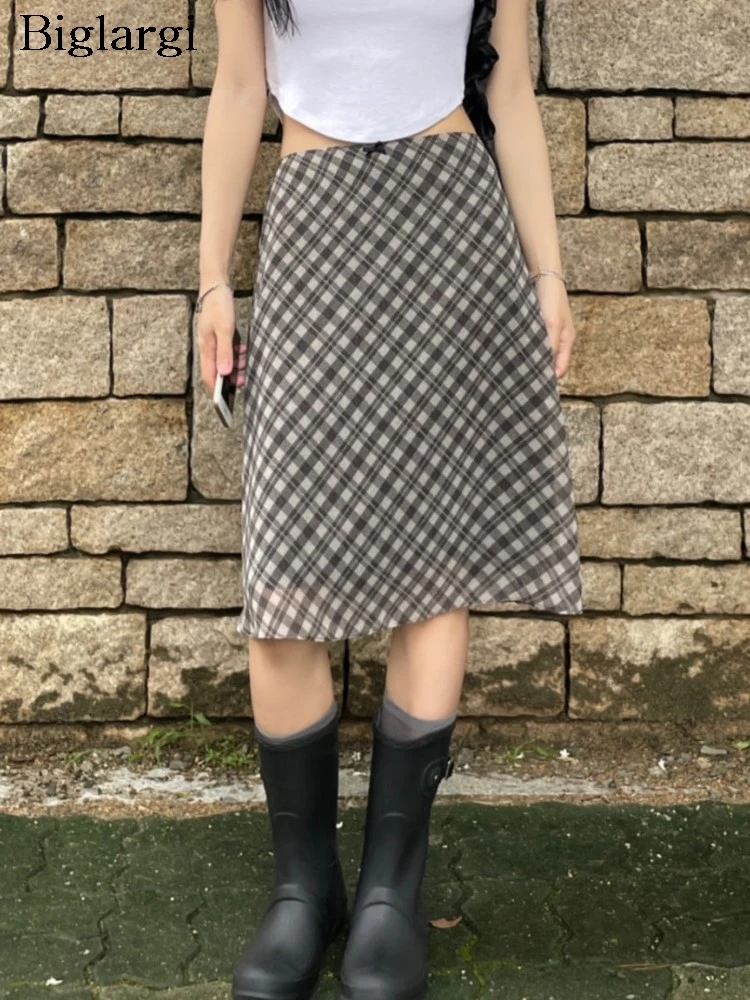 Юбка-миди Женская клетчатая в полоску свободная плиссированная юбка с