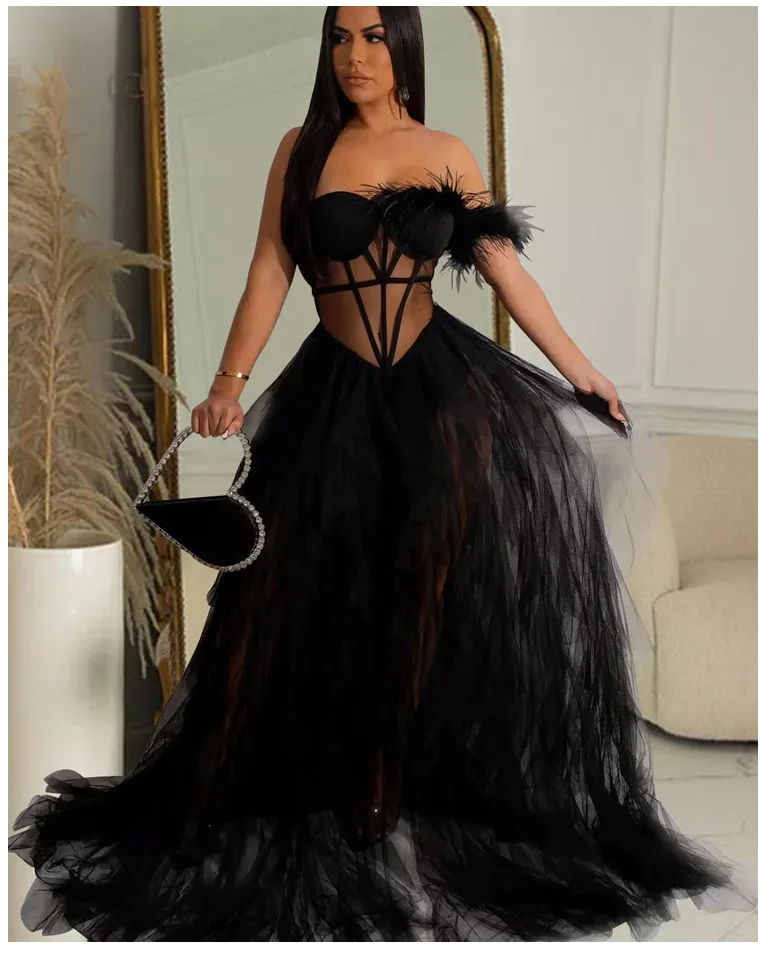 

Beautiful Ruffles Chffion Party Feather Maxi Dress Elegant Sheer Mesh Corset Long Party Dress