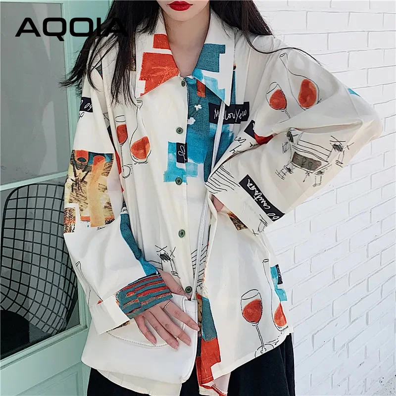 

Spring Korean style Long Sleeve Women Blouse Shirt print Loose Oversize Tunic Ladies Shirt Turn Down Collar Female Clothing