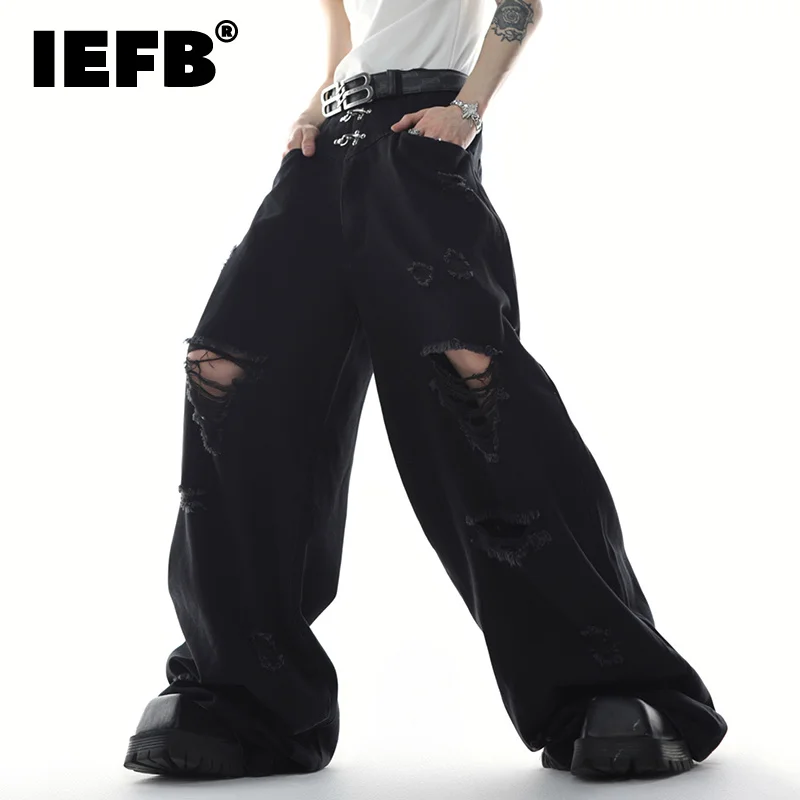 

IEFB Baggy Jeans Trend Men's New Worn Out Straight Denim Pants Niche Vintage Washed Wide Leg Trousers Fashion Y2K Clothing 9C179