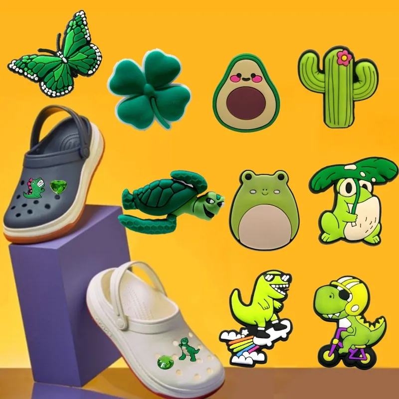 1pcs Green Color Croc Charms Pack Frog Turtle Shoe Charms Cactus Four-leaf Clover Clog Pins Dinosaur Dollar Shoe Decorations