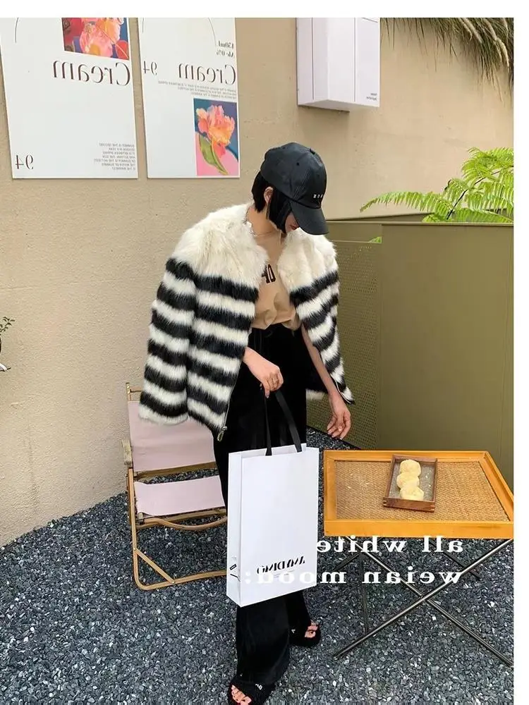 Imitation Fox Fur Coat for Women Mid Length Black White Stripes Loose Fashion Jackets Trend Thick Warm Fur Outerwear Winter 2023