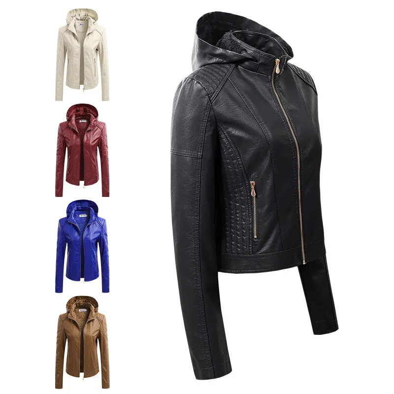 Women's Hot Style Detachable Hooded PU Ladies Leather Jacket