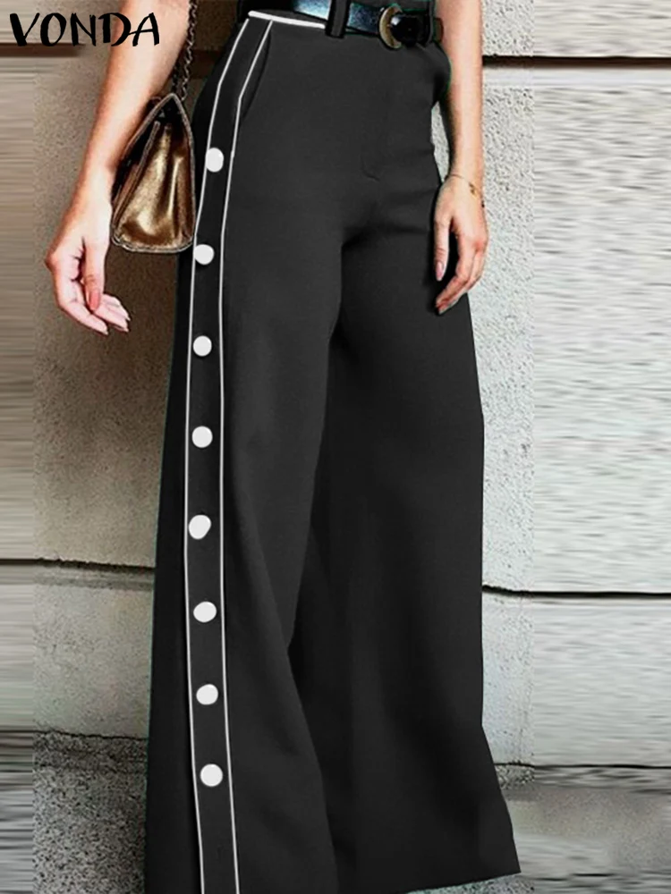 

VONDA Elegant Women Side Buttons Wide Leg Pants 2023 Summer Fashion Long Pantalon Casual Solid High Waist Zipper Trousers
