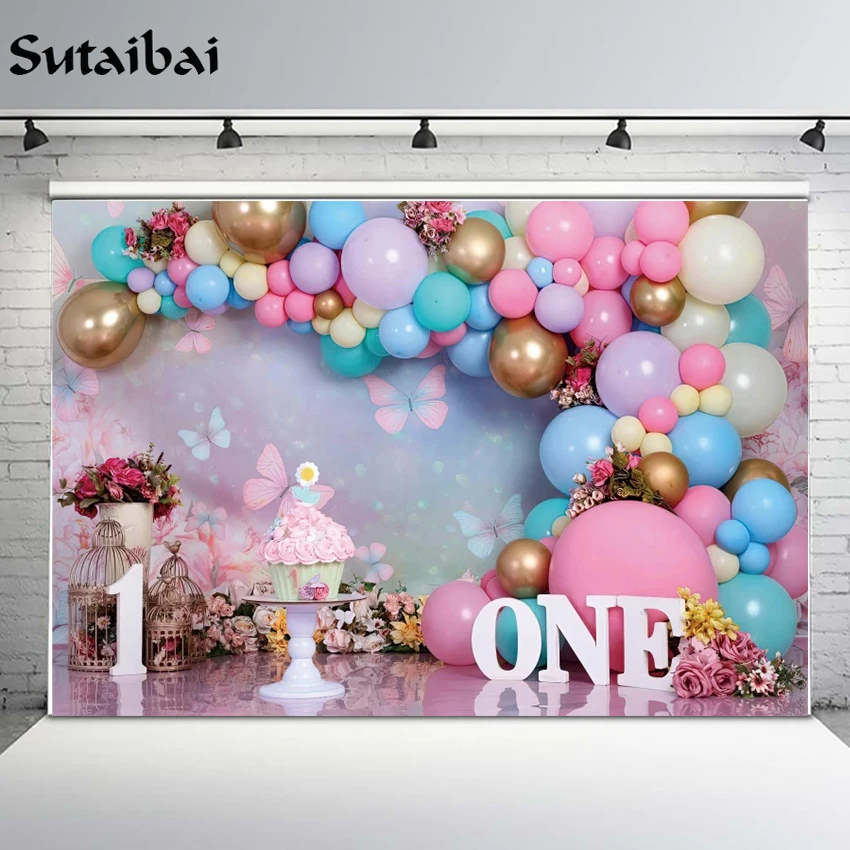 Photography Background Wonderland Flowers Butterfly Balloons Girl 1st Birthday Cake Smash Decor Backdrop For Photo Studio