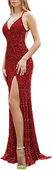 

Women’s Sequin Prom Dresses with Slit Long Mermaid Spaghetti Straps Evening Formal Dresses