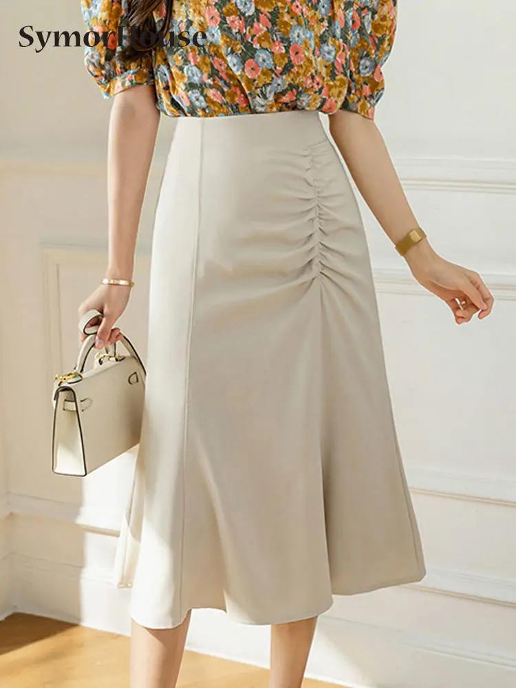 

2022 Summer Office Ladies Elegant A-Line Skirt High Waist Folds Plain Casual OL Knee-length Linning Mermaid Skirts Female