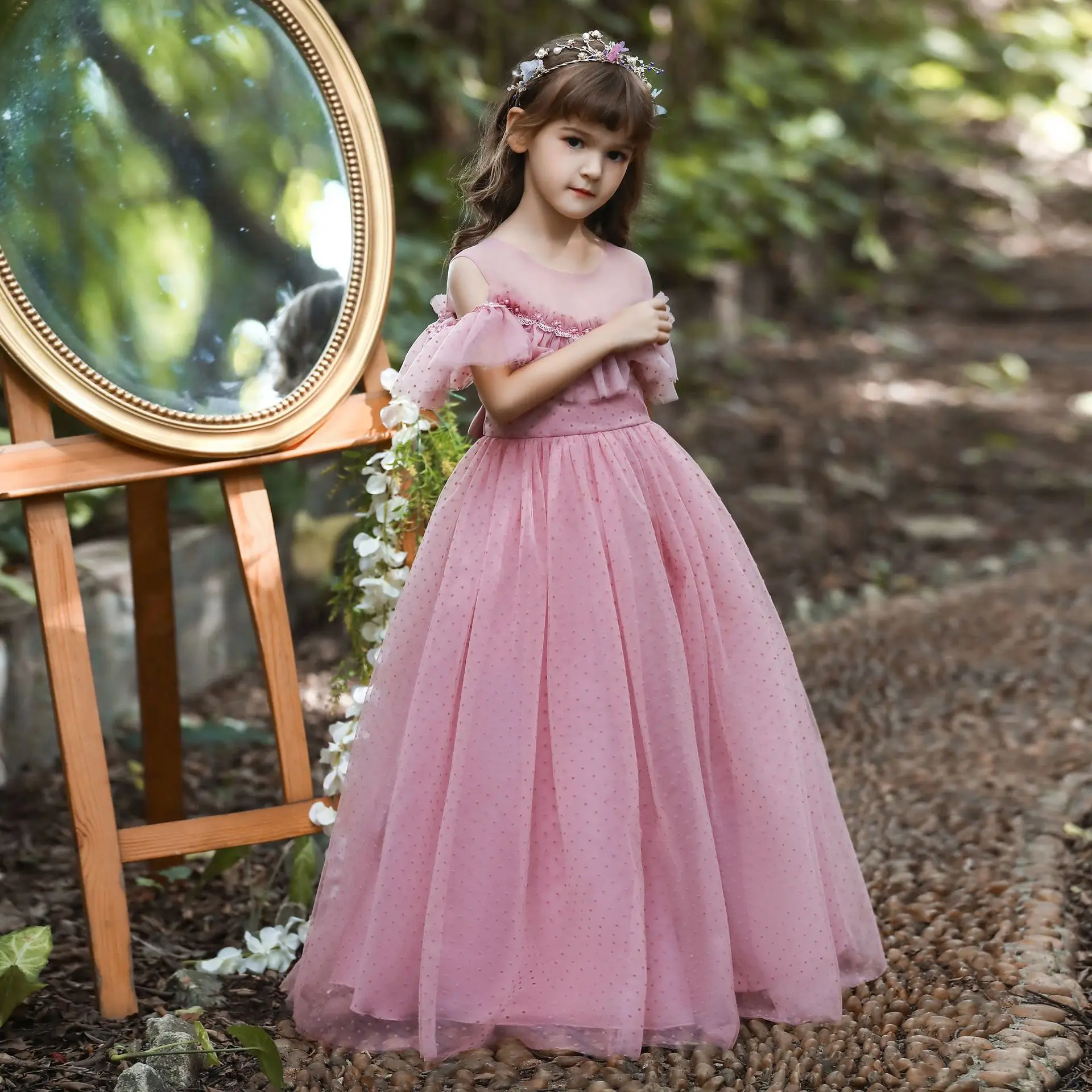 

Kids Elegant Pearl Princess Dress For Wedding Evening Party Embroidery Flower Girl Dress Girl Clothes Shoulderless Mesh Puffy