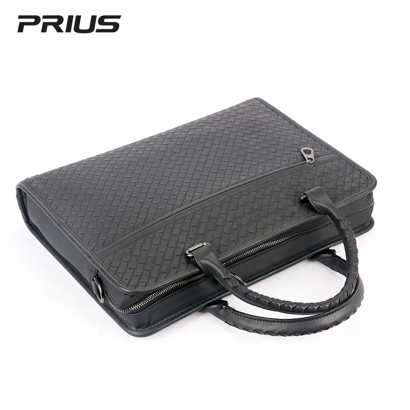 Men's luxury brand business briefcase high-capacity high-grade leather woven classic one shoulder handbag 14 inch computer bag