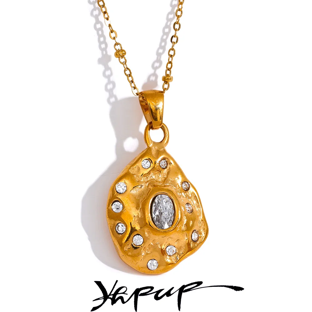 

Yhpup Irregular Creative Fashion Gold Color Pendant Necklace Stainless Steel Jewelry Vintage Geometric Cubic Zirconia Bijoux