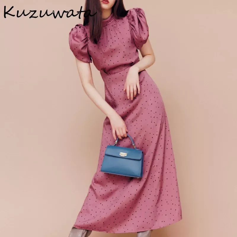 

Kuzuwata 2022 Autumn New Robe Sweet Japanese Women Dresses Half Hign Collar Puff Sleeve Dot Backless Drawstring Slim Vestidos
