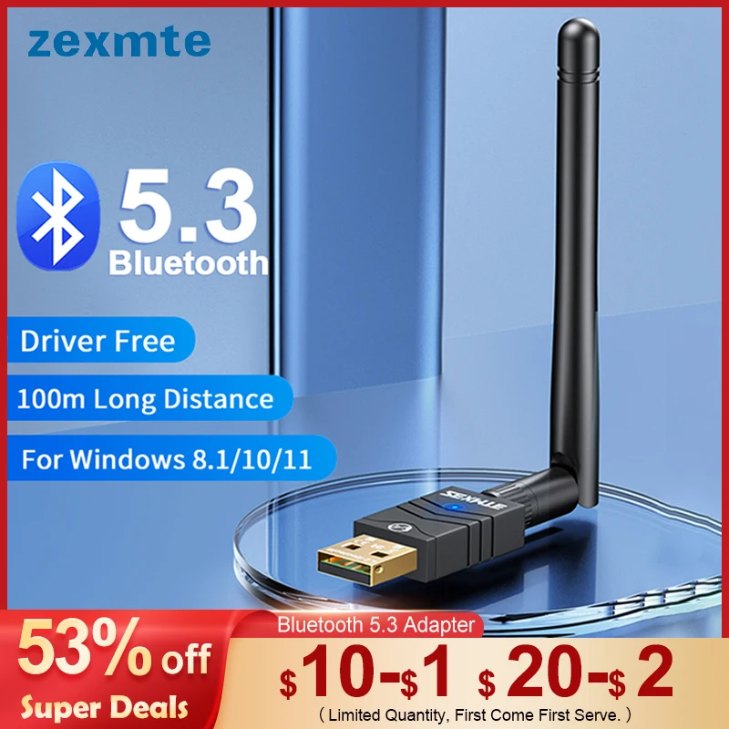 Zexmte 100M Bluetooth 5.3 Adattatore Usb Bluetooth 5.1 5.0 Dongle Trasmettitore Ricevitore Per Windows 11/10/8 Wireless Mouse Adaptador