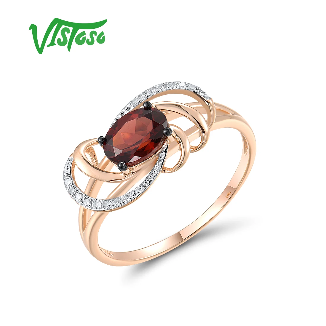 

VISTOSO Genuine Solitaire 14K 585 Rose Gold Ring For Women Real Diamond Red Garnet Linear Wedding Anniversary Fine Chic Jewelry