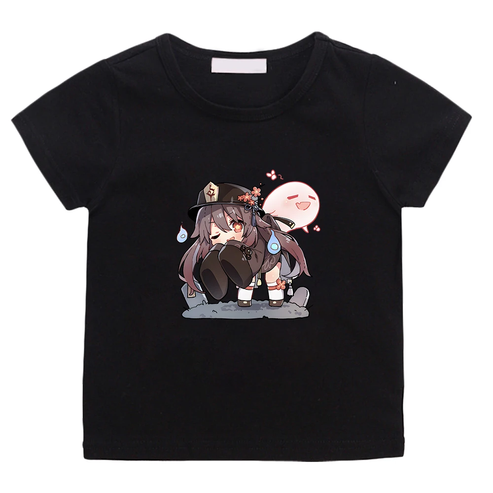 

Hot Game Genshin Impact Tshirt Kids Short Sleeve Clothes Boys Graphic Tee Girls Kawaii Hu Tao T-Shirts Teen 100% Cotton Casual