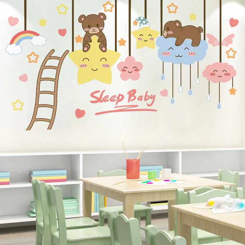 

[SHIJUEHEZI] Bears Animals Wall Stickers DIY Stars Clouds Wall Decals for Kids Bedroom Kindergarten Nursery House Decoration