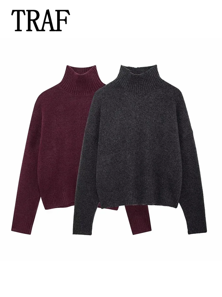 TRAF женский пуловер элегантный теплый повседневный свитер модный однотонный