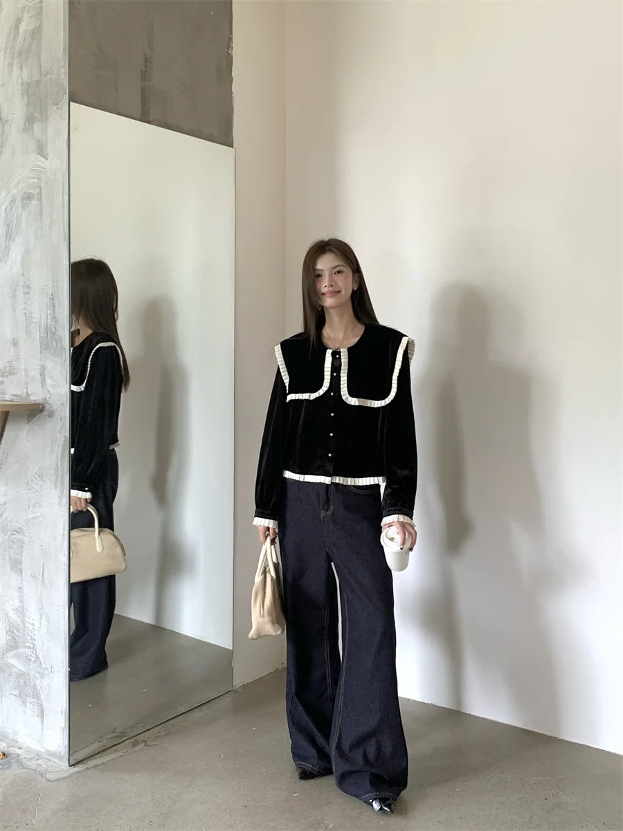 Черно-белые контрастные цвета темно-синие бархатные рубашки с лацканами женские