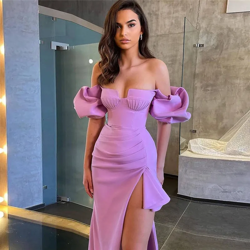 

Purple Off Shoulder Sexy Bandage Dress For Women Puff Sleeve High Split Ruched Bodycon Midi Summer Female Dress Fashion Party