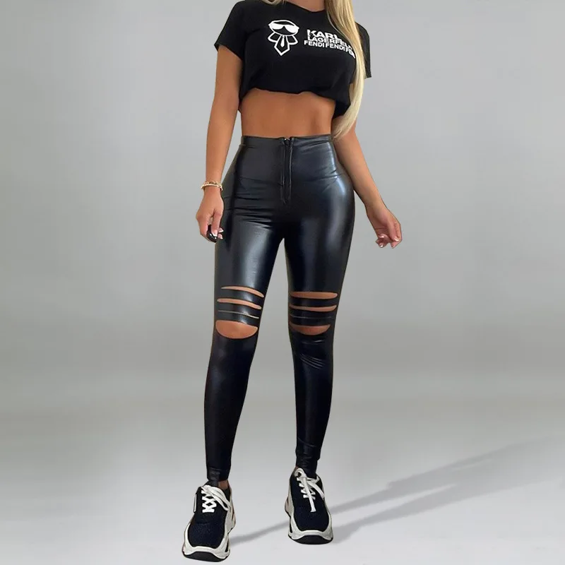 

Fashion casual Pu pants leather pants solid color PU leather pants tight high waist leather pants women's black splicing