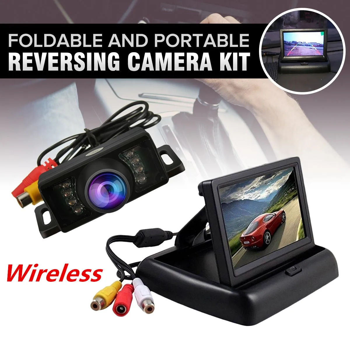 

4.3" LCD Foldable Monitor Car Rear View Kit + Wireless IR Night Vision Car Reversing Parking Backup Camera Waterproof