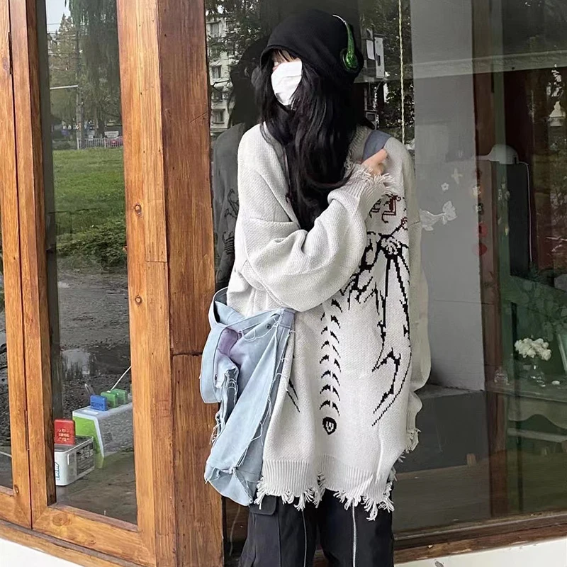 

Hip Hop Y2k Streetwear Knitted Sweater Woman Gothic Letter Bat Skeleton Print Pullover Autumn Harajuku Cotton Sweater Women