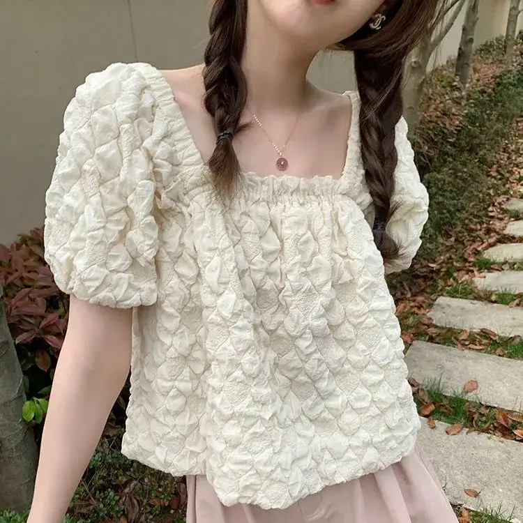 

Blouses Women Summer Holiday Sweet Girlish Ulzzang Hot Sale Puff Sleeve Design Femme Soft Cute Ladies All-match Casual Ins Slim