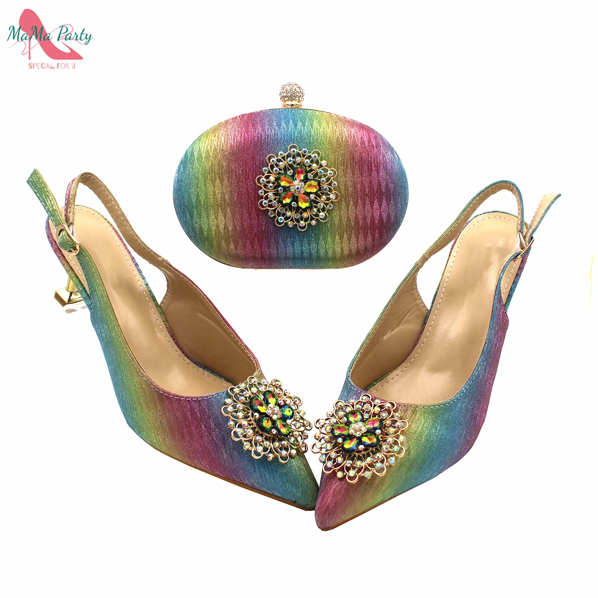 

2022 High Quality Special Design Shoes and Bag Set in Rainbow Color Nigerian Women Pointed Toe Pumps for Garden Party
