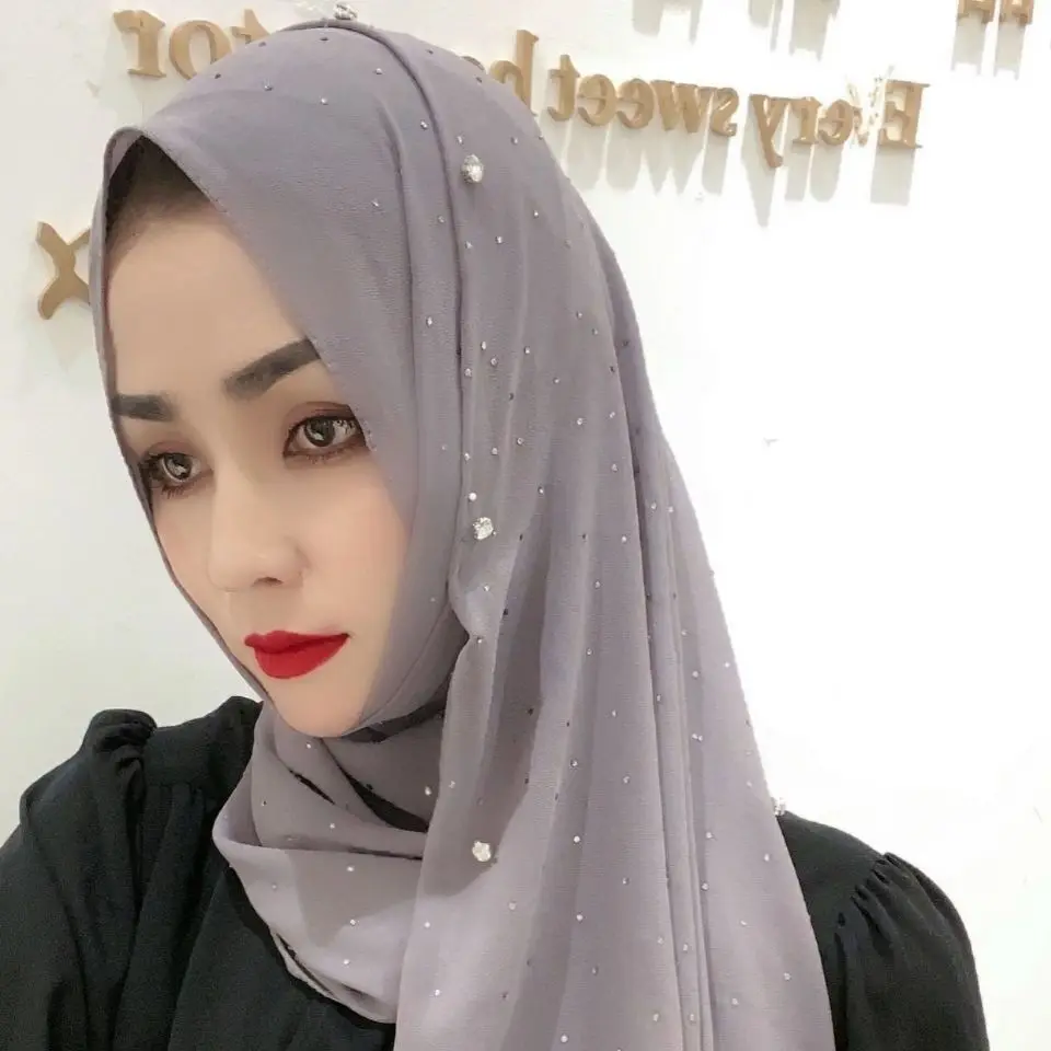 Women Rhinestone Hijabs Chiffon Muslim Headscarf Solid Color Shawls and Wraps Pashmina Stoles Female Hijab Plain Turban 2023