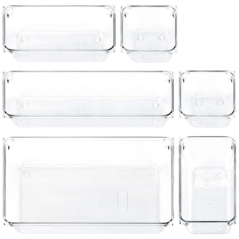 

6 Pcs Office Drawer Storage Tray 4 Sizes Transparent Stationery Organizer Drawer Compartment Organizer for Office
