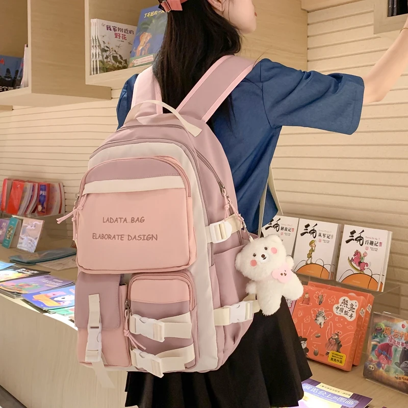 

Новый милый школьный рюкзак EST в стиле пэчворк для девочек, повседневный дорожный рюкзак с надписью и пряжкой, женский большой нейлоновый рю...