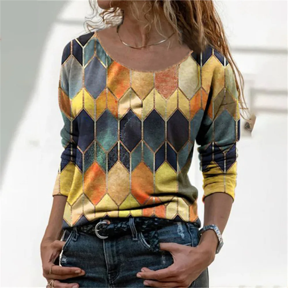 

Women Tshirt Splicing Contrasting Dots 3D Printed Elegant Long-Sleeved Fall Spring Everyday Street Trend O Neck Trend Pullover