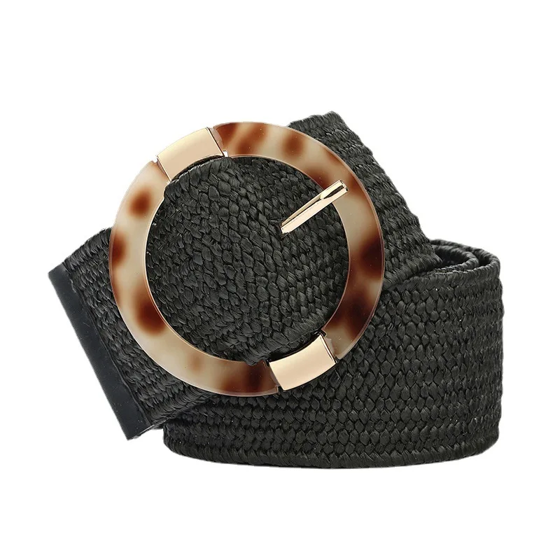 Women's Woven Belt with Round Buckle and Stripes, Bohemian Style Belts for Dresses