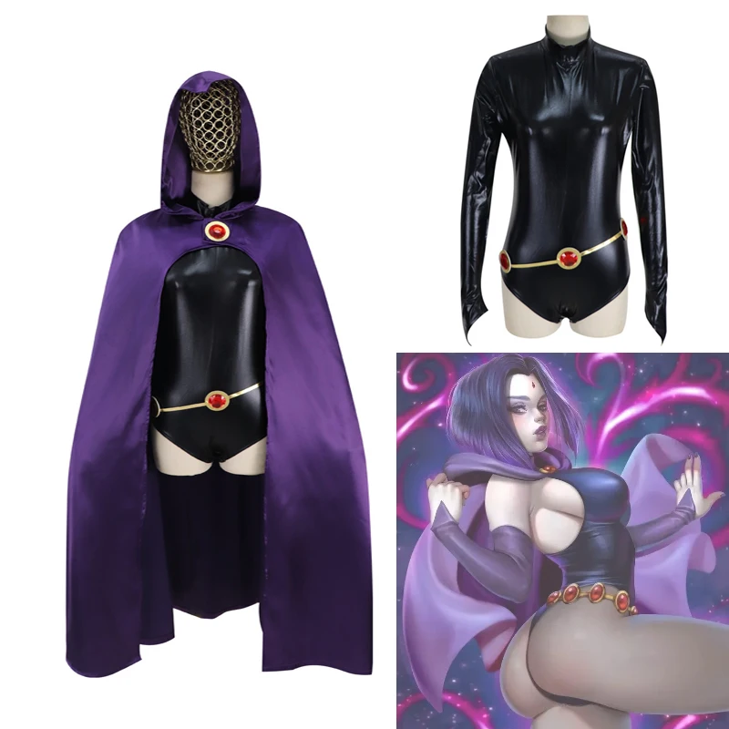 Anime Teen Titans Raven Cosplay Costume halloween costumes for women Super Hero Uniform Purple Cloak Black Bodysuit Cothing Sets