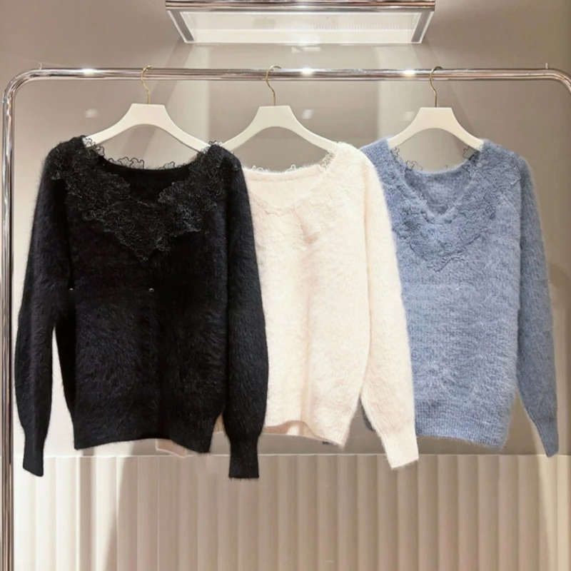 

Элегантный кружевной лоскутный свитер с V-образным вырезом, Женский японский Свободный Повседневный джемпер с длинным рукавом, Осень-зима 2023, простые однотонные вязаные топы