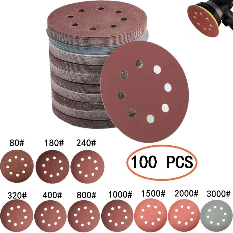 

50pcs/100pcs Round Shape Sanding Discs Sandpaper 125mm Eight Hole Disk Sand Sheets Grit 80-3000 Hook and Loop Sanding Disc Polis