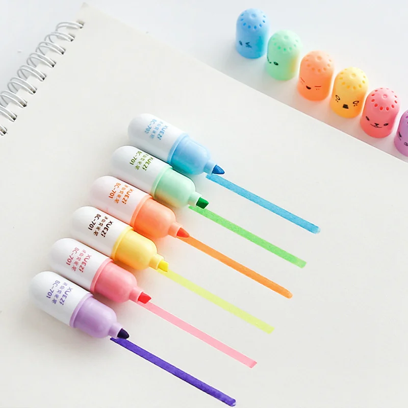 

6 pcs/pack Creative Pill Shape Mini Colorful Candy Highlighters Promotional Markers Gift Stationery Pen