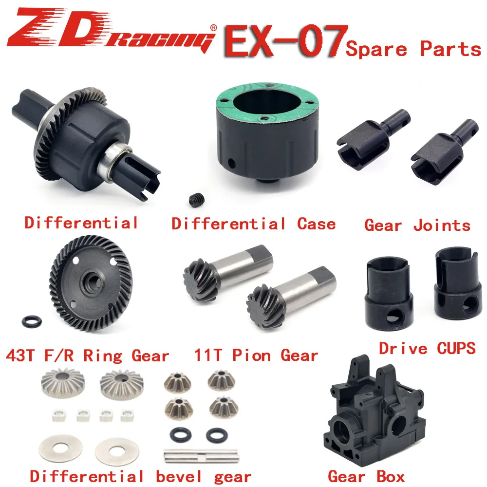 ZD Racing EX-07 DBX07 F/R Differential 43T Ring Gear 11T Pion Gear Drive CUPS Gear Box Differential bevel for 1/7 RC Racing Car