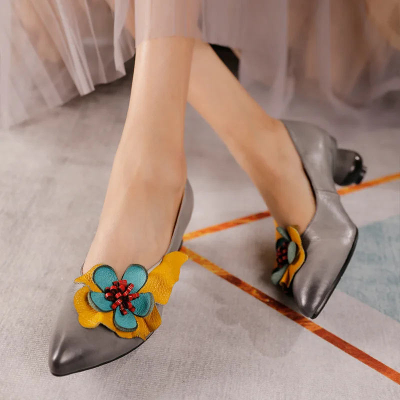 

Birkuir Genuine Leather Handmade Thick Heel Women Shoes 2022 Spring Loafers Pumps Retro Round Heel Pumps Leisure Ladies Shoes