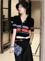 v neck rainbow stripe knitted women sweater pullover summer 2022 elegant t shirt ladies sweater tops color contrast harajuku