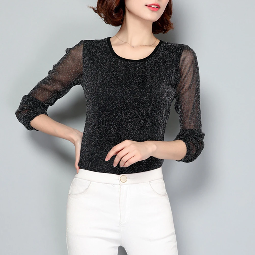 

Fashion Women Shirts Comfort Soft Long Sleeve Personality Popular Bright Wire Mesh Tops Slim Sexy Basic Tees Plus Size