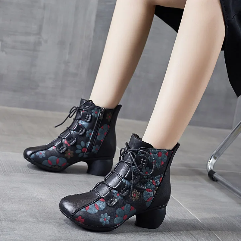 Koznoy 5m Retro Ethnic Print Cow Genuine Leather Plush Winter 2025 Chunky Heel Autunm Zipper Fashion Boots Woman Lace Up Shoes