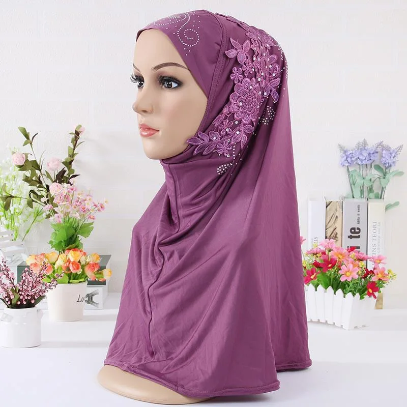 

Beautiful Big Gilrs Muslim Hijab with Lace and Stones Islamic Scarf Shawl Headscarf Hat Armia Pull on Wrap Ramadan Gift
