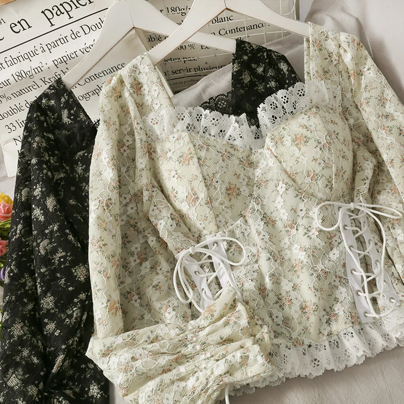 

Fashion Floral Print Mesh Patchwork Blouses Shirt Women Long Sleeve French Vintage Bandage Lace Tops Female Clothing Blouse