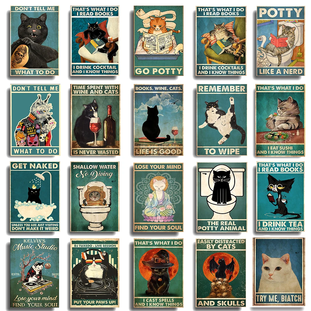 Животные Дух Черный кот постер эстетика читать книги вино кошки Холст Живопись Искусство на стену декоративная роспись семейная комната Декор подарки