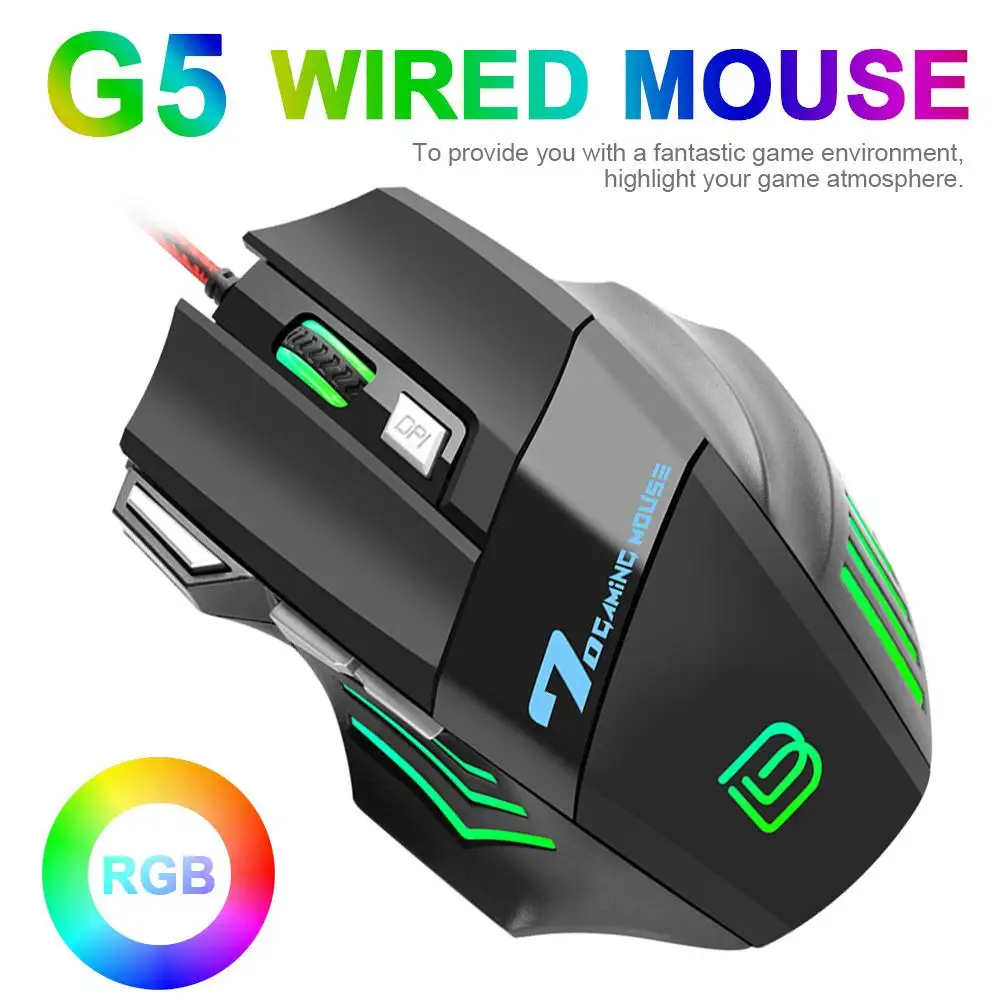 

G5 Wired Gaming Mouse 7D RGB Luminous 7 Buttons 3200 Dpi Usb Mechanical Mice Compatible For Windows 2000 XP Win7 Win8 Win10