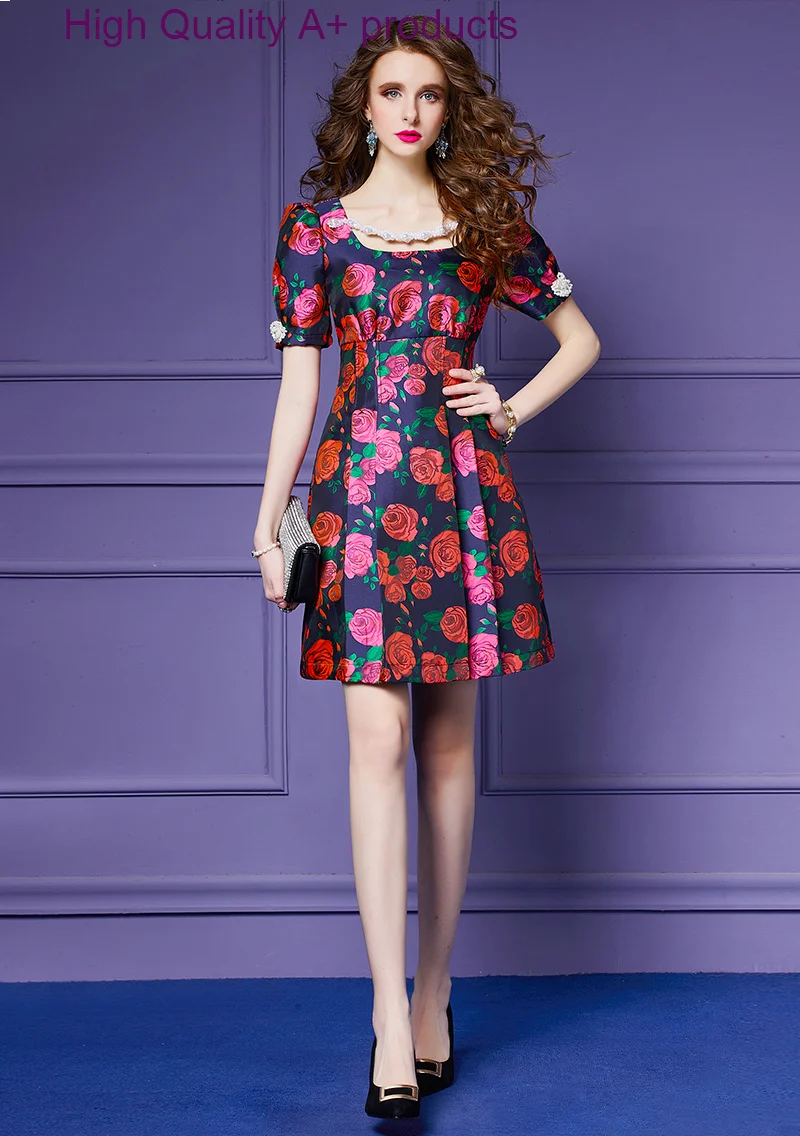 

Женское жаккардовое платье, элегантное дизайнерское винтажное платье до колена с цветочным принтом, квадратным вырезом и коротким рукавом
