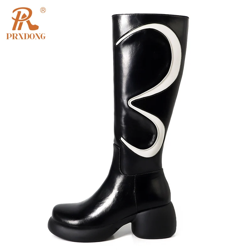

PRXDONG New Fashion Genuine Leather Chunky Heels Platform Shoes Woman Knee High Boots Black White Dress Casual Chelsea Boots 39