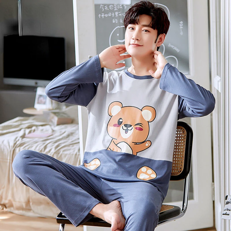 Spring Autumn Knitted Cotton Long Sleeved Men's Pajamas Sets Male Pajama Set Letter Pajama For Men Sleepwear Suit Homewear 3XL